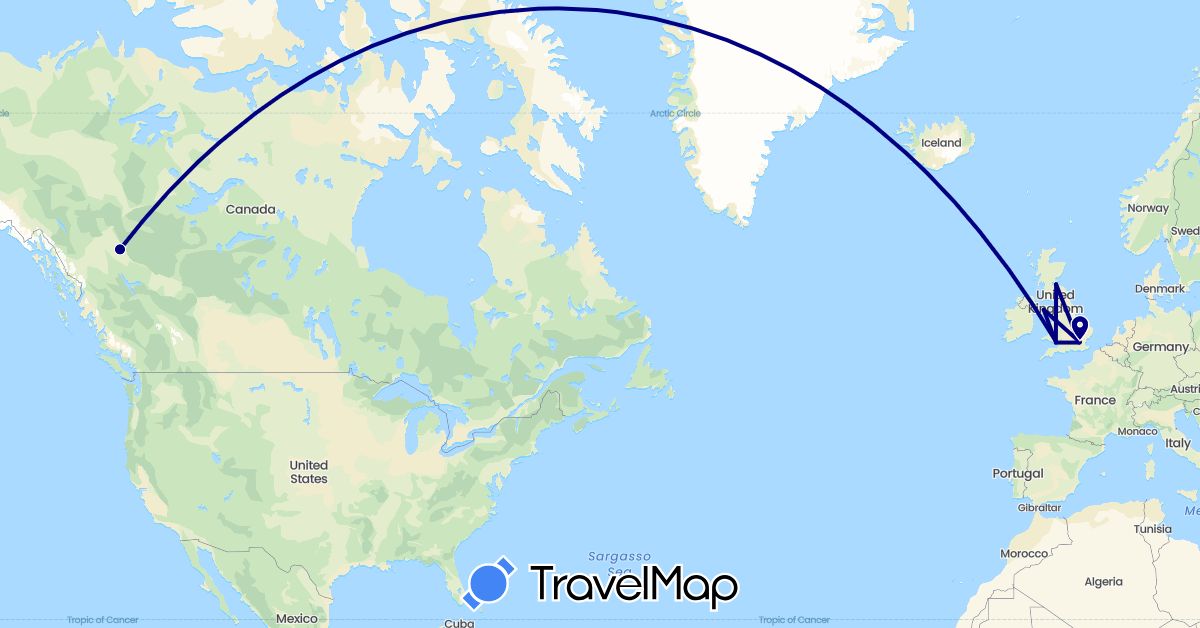 TravelMap itinerary: driving in Canada, United Kingdom, Isle of Man (Europe, North America)